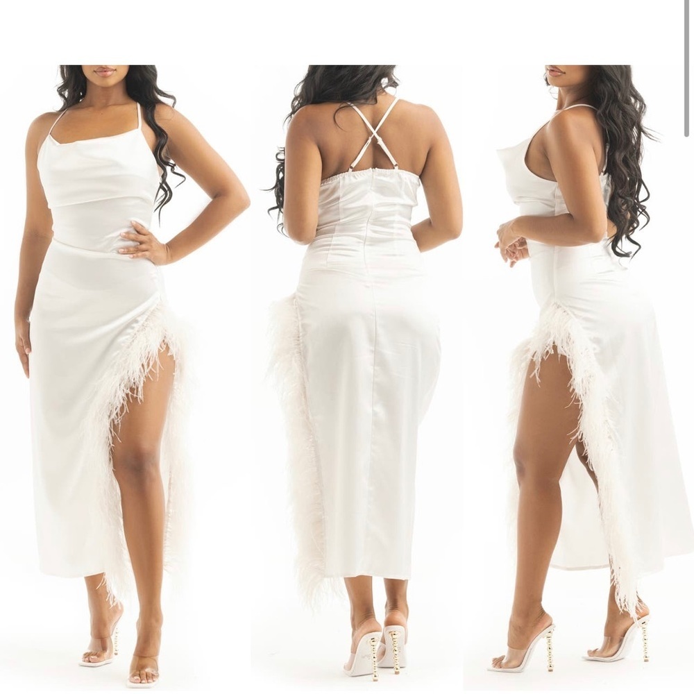 Elegant White Feather-Trim Midi Dress
